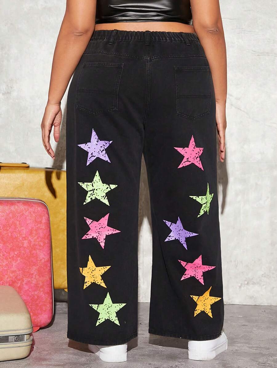 SHEIN CURVE+ 大碼星星印花闊腿牛仔褲 - 黑色 - 查看 1