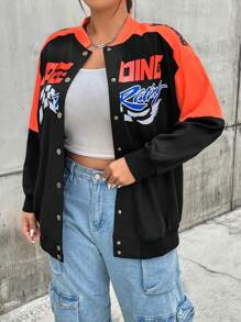 SHEIN Coolane Hơn Đồ họa Chữ cái Khối màu Thả vai Áo khoác bomber - Nhiều màu - Xem 3