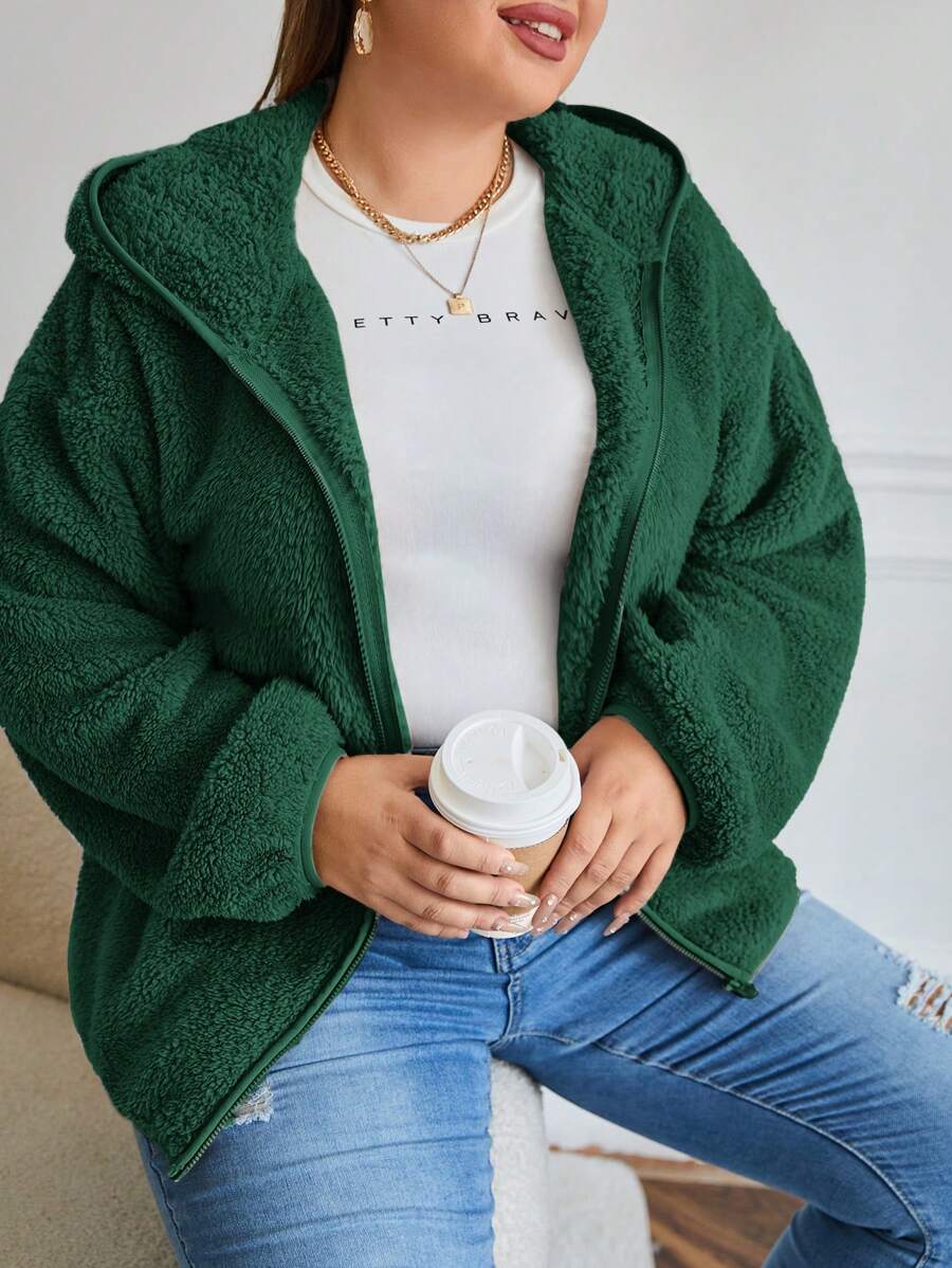 SHEIN LUNE 冬季加大落肩连帽夹克 - 墨綠色 - 查看 1