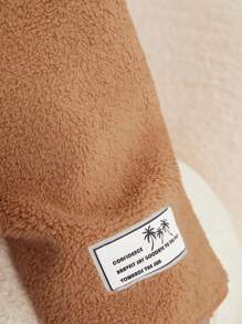 Mulvari Plus Letter Patched Detail Half Zip Kangaroo Pocket Drop Shoulder Flannel Sweatshirt - Khaki - View 5