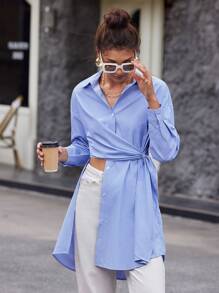 BizChic Striped Print Drop Shoulder Knot Side Asymmetrical Hem Shirt - Blue and White - View 6