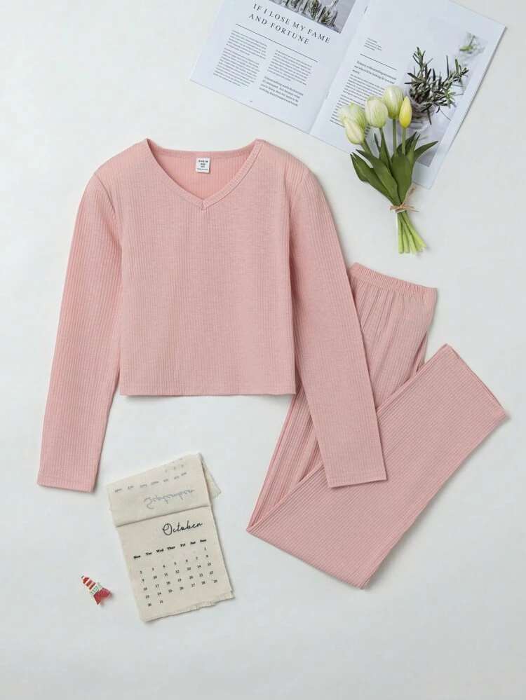 Tween Girl Solid V Neck Tee & Pants PJ Set