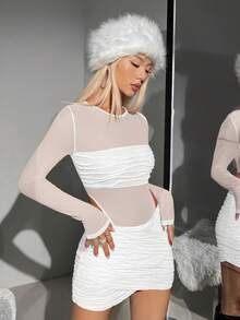 SHEIN ICON Contrast Mesh Bodysuit & Cross Wrap Bodycon Skirt - White - View 3