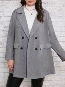 SHEIN LUNE Plus Herringbone Lapel Neck Double Breasted Overcoat - Grey - View 5