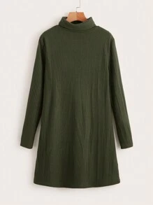 SHEIN LUNE Solid Ribbed Knit Tee Dress - Army Green - View 1