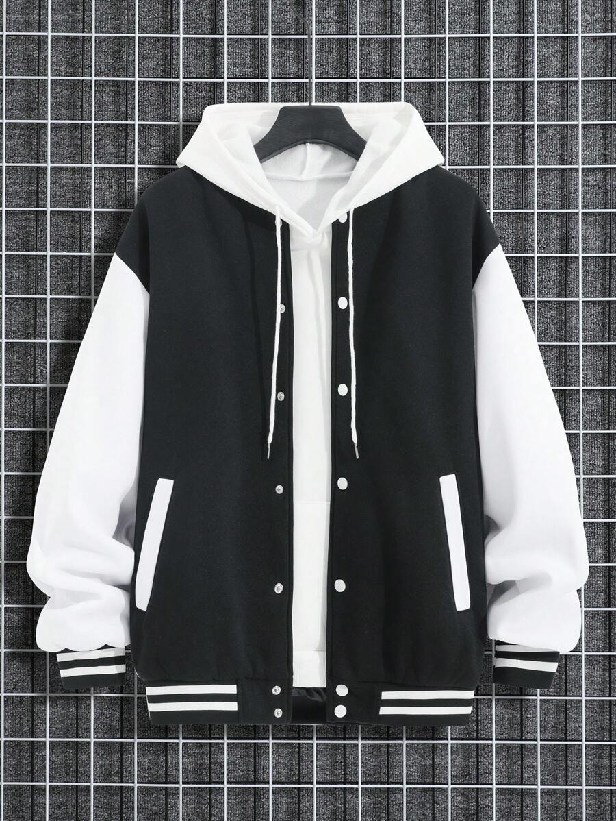 男士雙色落肩袖學院風夾克無連帽衫 - 黑與白 - 查看 1