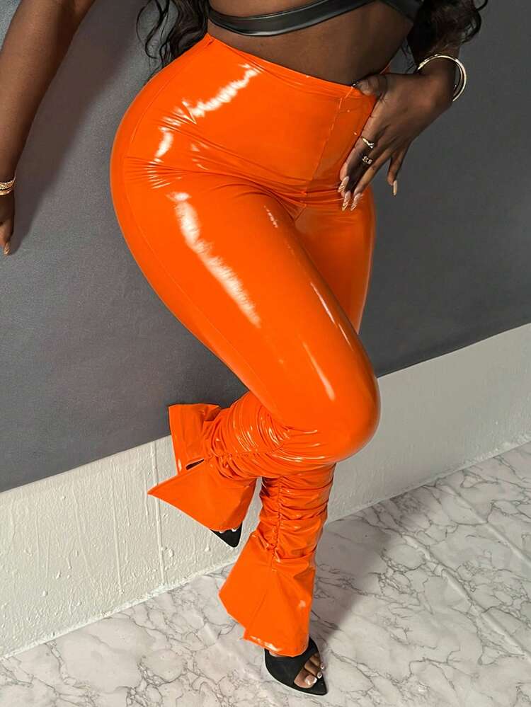 Sexy Summer Music Festival Casual Street Colorful Solid Bright PU Leather High Waist Pleated Hem Leggings For Women