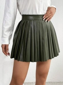 SHEIN PETITE 高腰百褶PU皮革半身裙 - 橄欖綠 - 查看 3