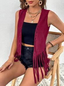 SHEIN VCAY 鏤空流蘇下擺開門襟夾克背心 - 酒紅色 - 查看 5