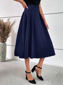 Ellevyn Button Detail Fold Pleated Detail Flare Skirt - Navy Blue - View 8