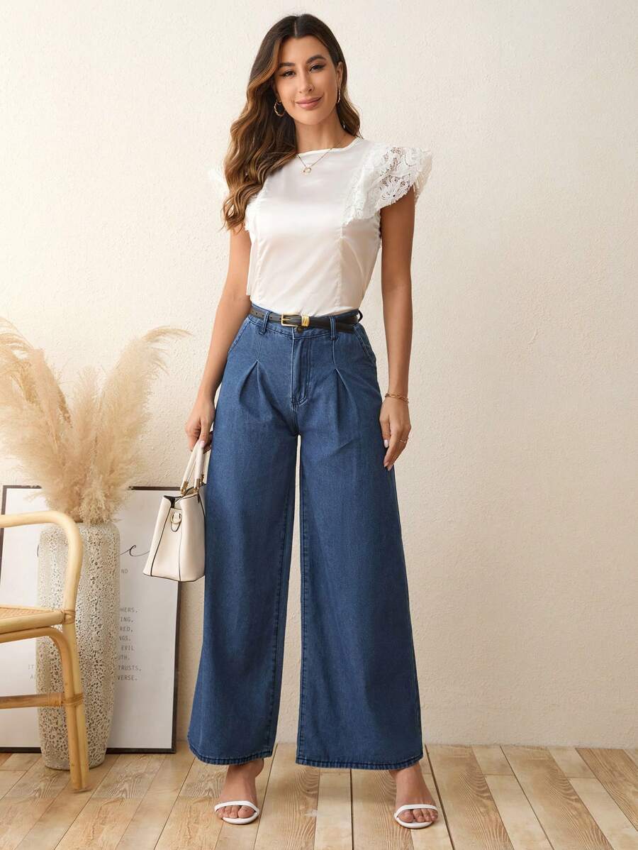 SHEIN LUNE High Waist Wide Leg Jeans Without Belt - Blue - View 1