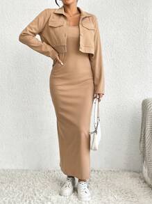 SHEIN Essnce Flap Detail Crop Jacket & Cami Dress - Khaki - View 4