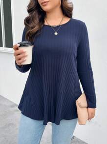 SHEIN LUNE 大尺寸純色圓領套頭t卹 - 藏蓝色 - 查看 3