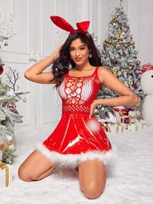 Cut Out Front Fuzzy Trim Lingerie Set & Headband - Red - View 3