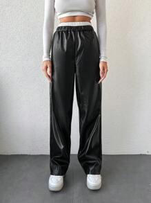 EURMUSE Contrast Elastic Waist PU Leather Pants - Black - View 3