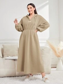 Mulvari Plus Letter Patched Drop Shoulder Drawstring Hooded Sweatshirt Dress - Khaki - View 1