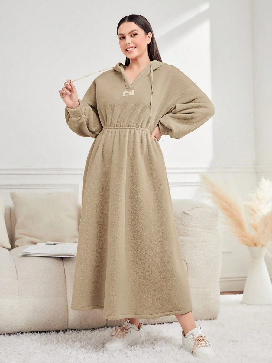 Mulvari Plus Letter Patched Drop Shoulder Drawstring Hooded Sweatshirt Dress - Khaki - View 1