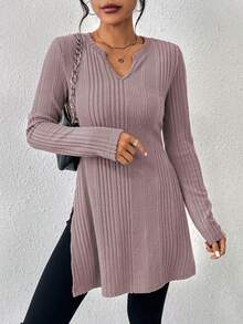 SHEIN Essnce Notched Neck Split Hem Tee - Purple - View 4