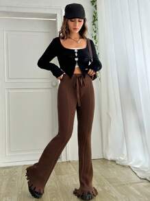 SHEIN EZwear 素色腰部抽繩仿舊下擺喇叭毛衣褲子 - 咖啡棕 - 查看 3