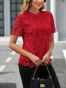 SHEIN Clasi Guipure Lace Mock Neck Blouse - Red - View 4