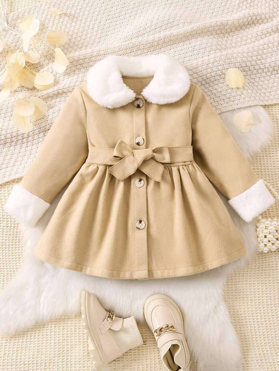 SHEIN Young Girl Borg Collar Button Front Belted Overcoat - Apricot - View 1