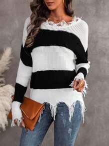 SHEIN Essnce 雙色落肩袖仿舊邊套頭毛衣 - 黑與白 - 查看 3