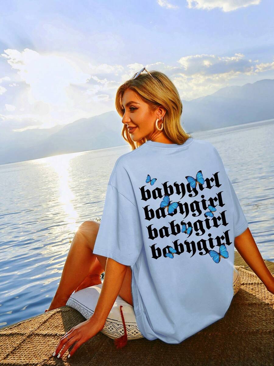 SHEIN Unity Hoạt hình Bướm & Chữ cái Áo thun Thả vai - Màu xanh lam - Xem 1