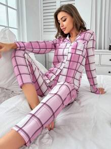 Plaid Print PJ Set / Pajama Set - Multicolor - View 3