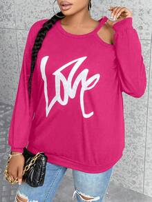 SHEIN LUNE Plus Letter Graphic Asymmetrical Neck Drop Shoulder Sweatshirt - Hot Pink - View 3