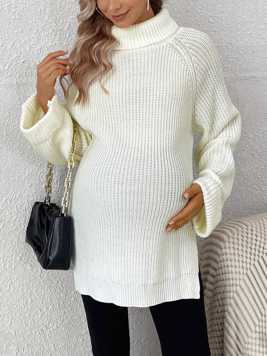 SHEIN Maternity Turtleneck Raglan Sleeve Split Hem Sweater, For Winter - White - View 1