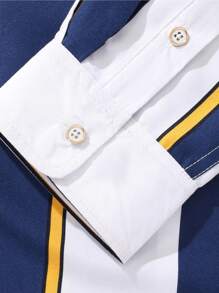 Áo sơ mi Nam Nút phía trước Sọc Giải trí - Xanh và trắng - Xem 4