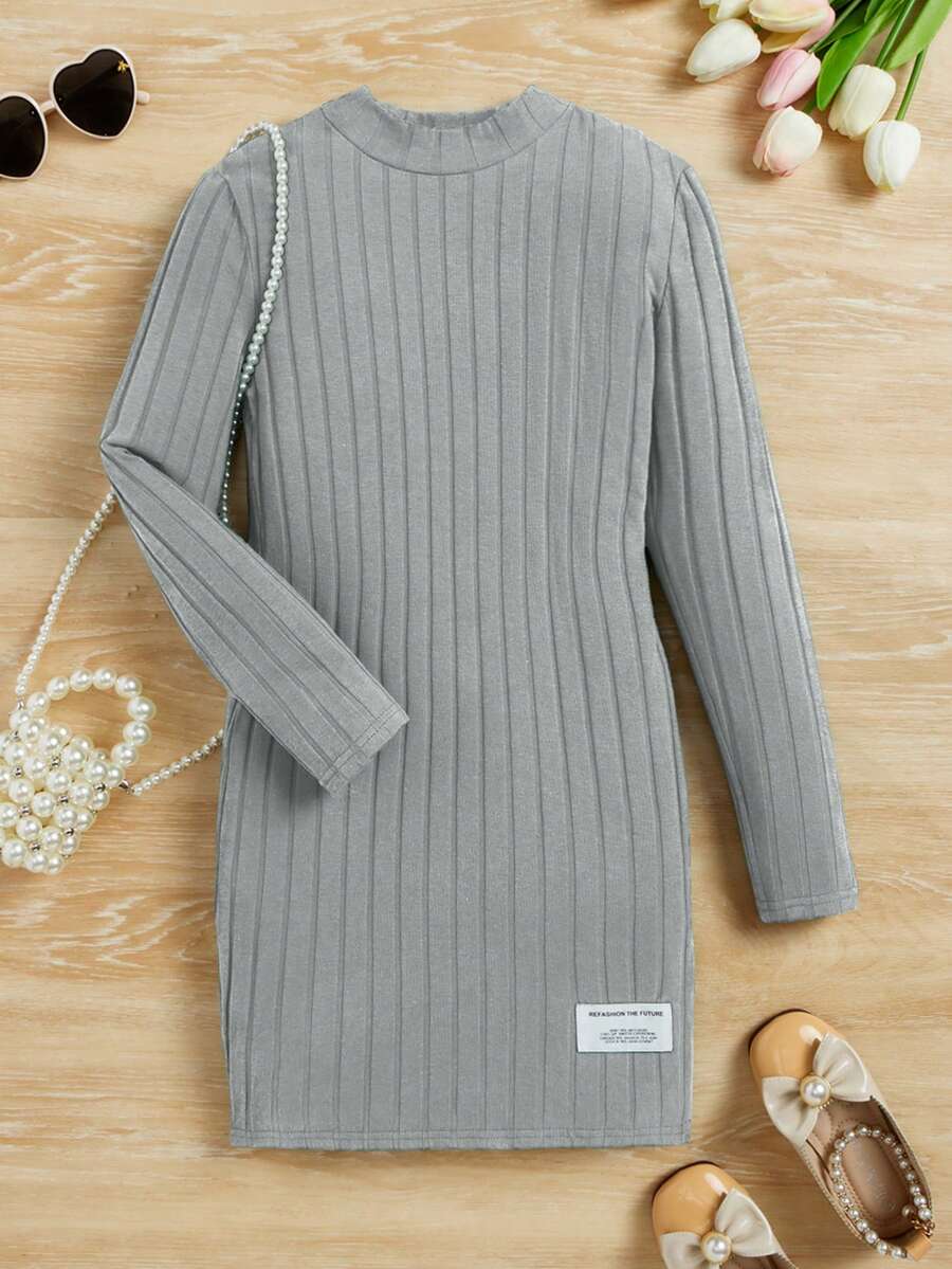 SHEIN Cô gái Tween Slogan Chi tiết được vá Cổ giả Đầm - Màu Xám nhạt - Xem 1