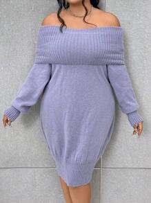 SHEIN Unity Plus Foldover Off Shoulder Sweater Dress - Pink - View 3
