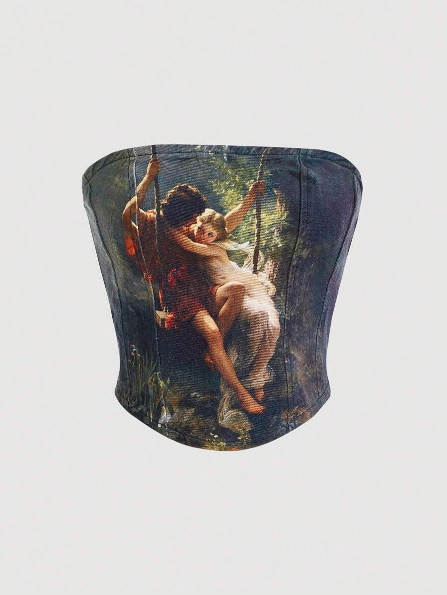 SHEIN MOD Figure Graphic Denim Tube Top, Vintage - Green - View 1