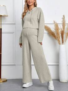 SHEIN Maternity Drop Shoulder Drawstring Hoodie & Adjustable Waist Wide Leg Pants - Apricot - View 6