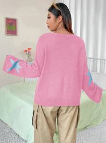 Flirla Plus Star Pattern Drop Shoulder Sweater Knit Pullover Fall Winter Outfit - Multicolor - View 2