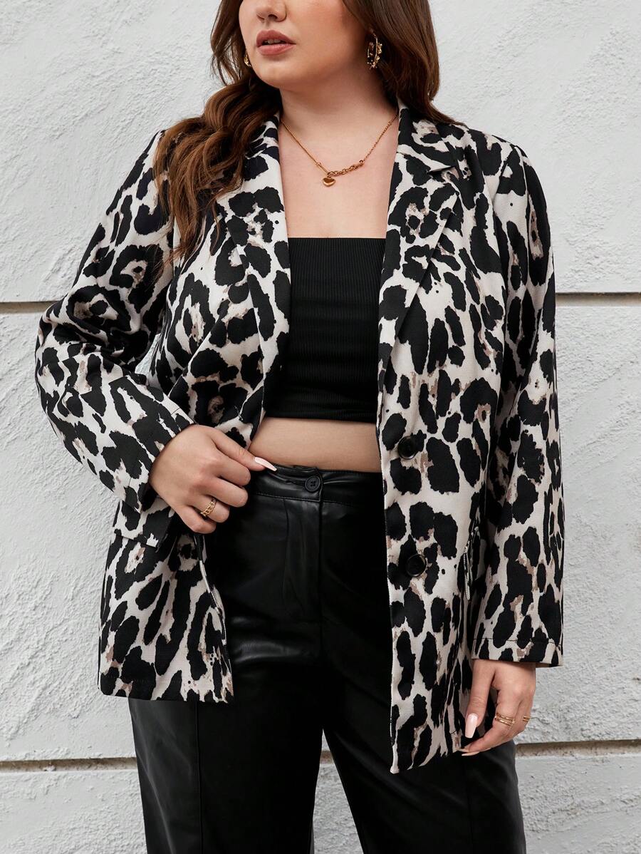 SHEIN Essnce Plus Leopard Print Lapel Neck Blazer - Multicolor - View 1