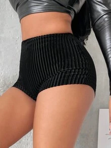 SHEIN SXY 纯色弹力条纹迷你短裤新年女士性感夜店 - 黑色 - 查看 3