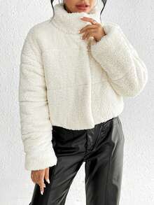 SHEIN Essnce 拉链落肩衬垫大衣 - 米色 - 查看 5