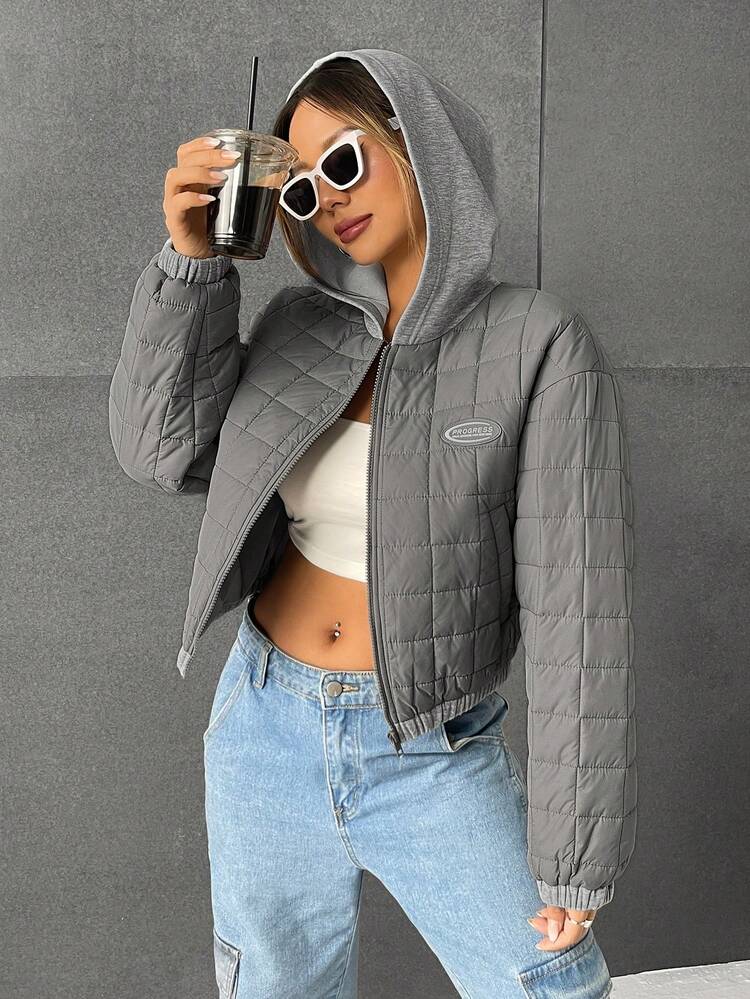 Letter Patched Detail Zipper Hooded Quilted Coat