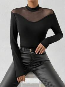 Allurite 網紗拼接小高領T恤 - 黑色 - 查看 6