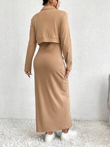 SHEIN Essnce Flap Detail Crop Jacket & Cami Dress - Khaki - View 2