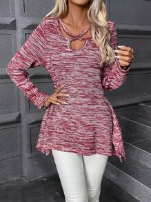 SHEIN LUNE Space Dye Criss Cross Front Split Hem Sweater Knit Pullover Fall Winter Outfit