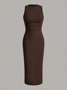 SHEIN EZwear Summer Solid Ruched Waist Tank Dress,Summer Dresses For Women