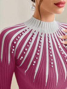 Modelyn Contrast Lace Flare Sleeve Mock Neck Bodycon Sweater Dress - Rose Red - View 4