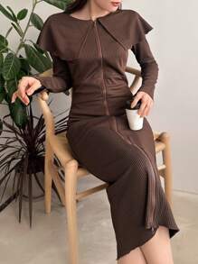 FRIFUL Solid Zip Up Ribbed Knit Dress - Brown - View 1