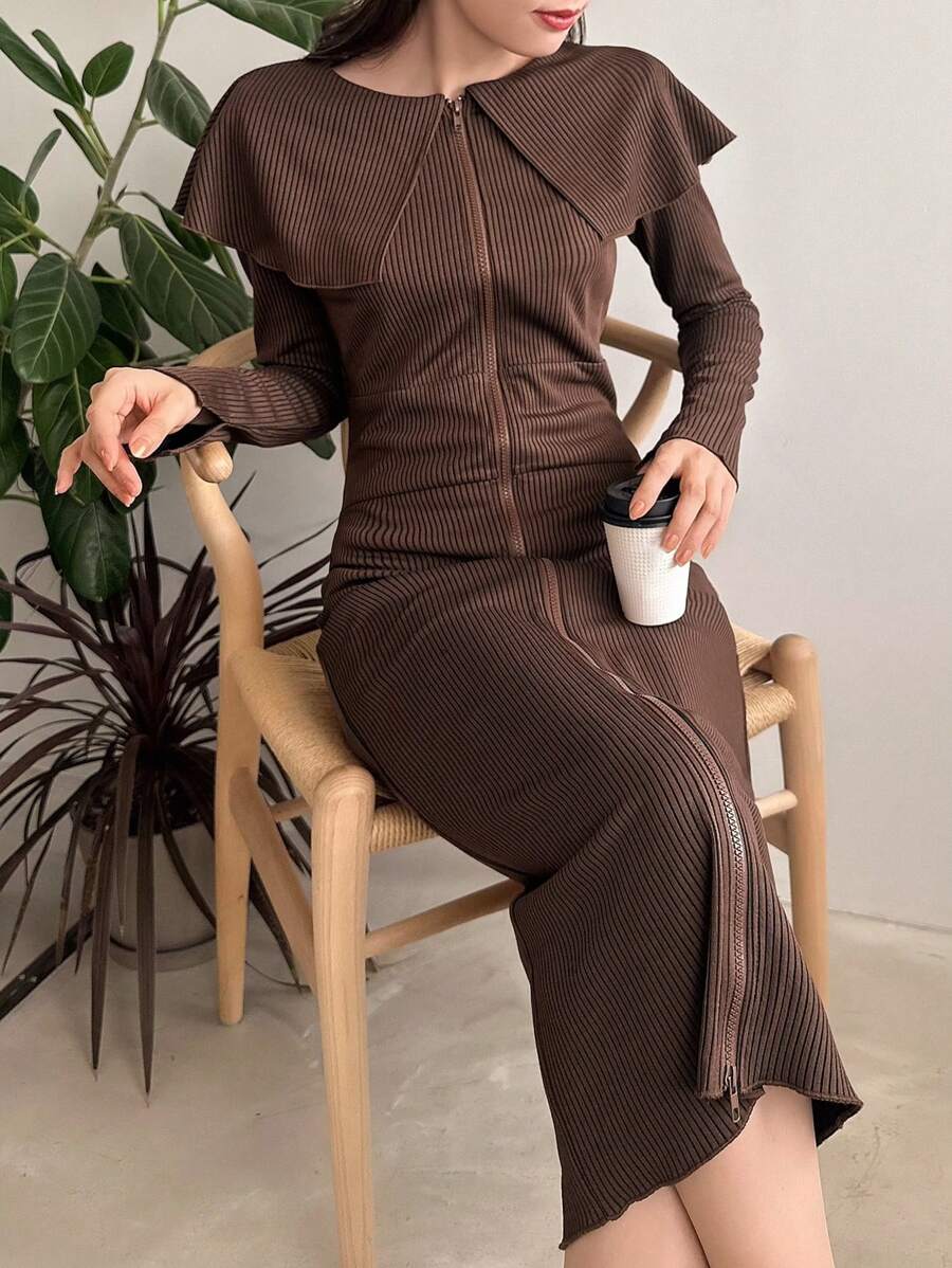 FRIFUL Solid Zip Up Ribbed Knit Dress - Brown - View 1
