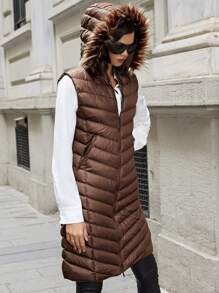 EURMUSE Zip Up Hooded Puffer Vest Coat - Brown - View 3