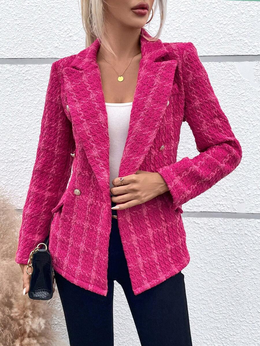 Chiquease Plaid Pattern Double Breasted Blazer - Hot Pink - View 1