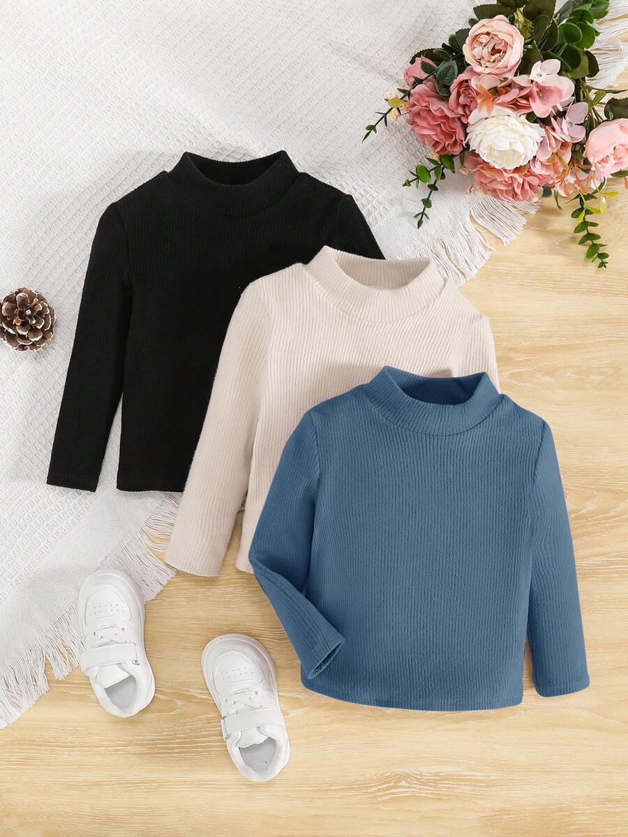 SHEIN Baby Girl 3pcs Solid Mock Neck Ribbed Knit Tee - Multicolor - View 1